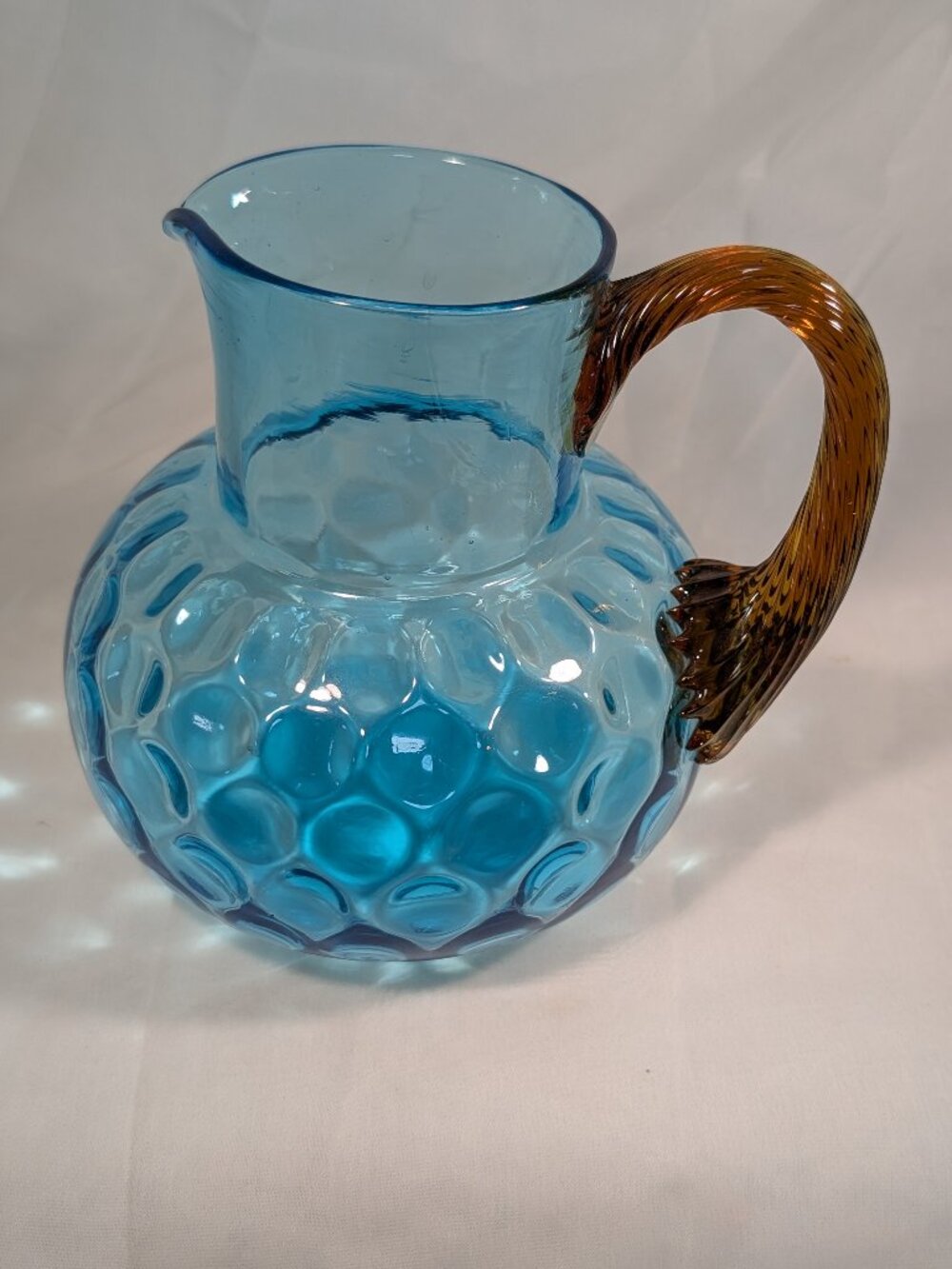 ANTIQUE Blue Dimpled (or inverted thumbprint) Glass Water/Juice Jug Featuring